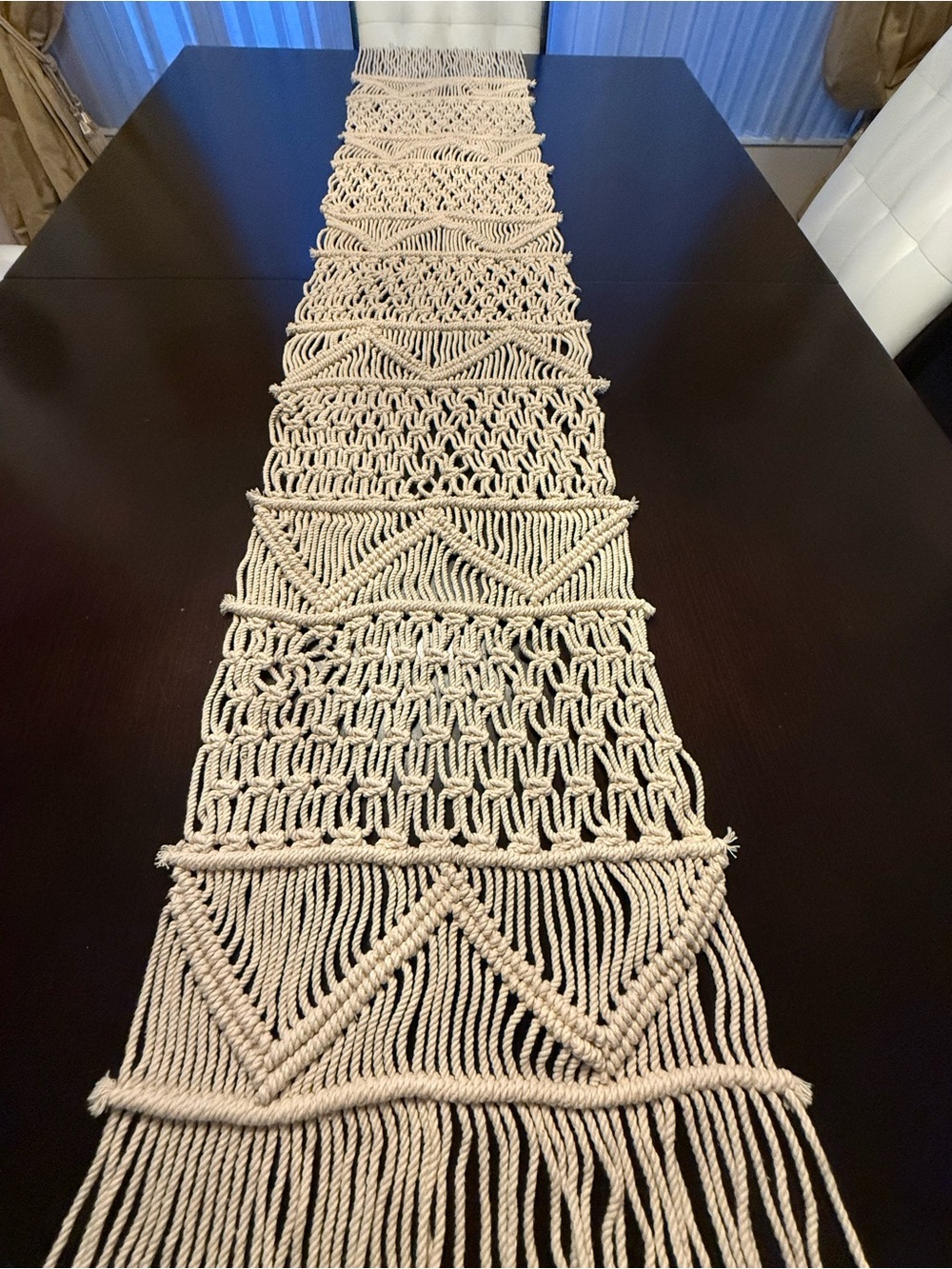 Handwoven Macramé Table Runner Boho Fringe Cotton Linen Natural Cream Rope Spain